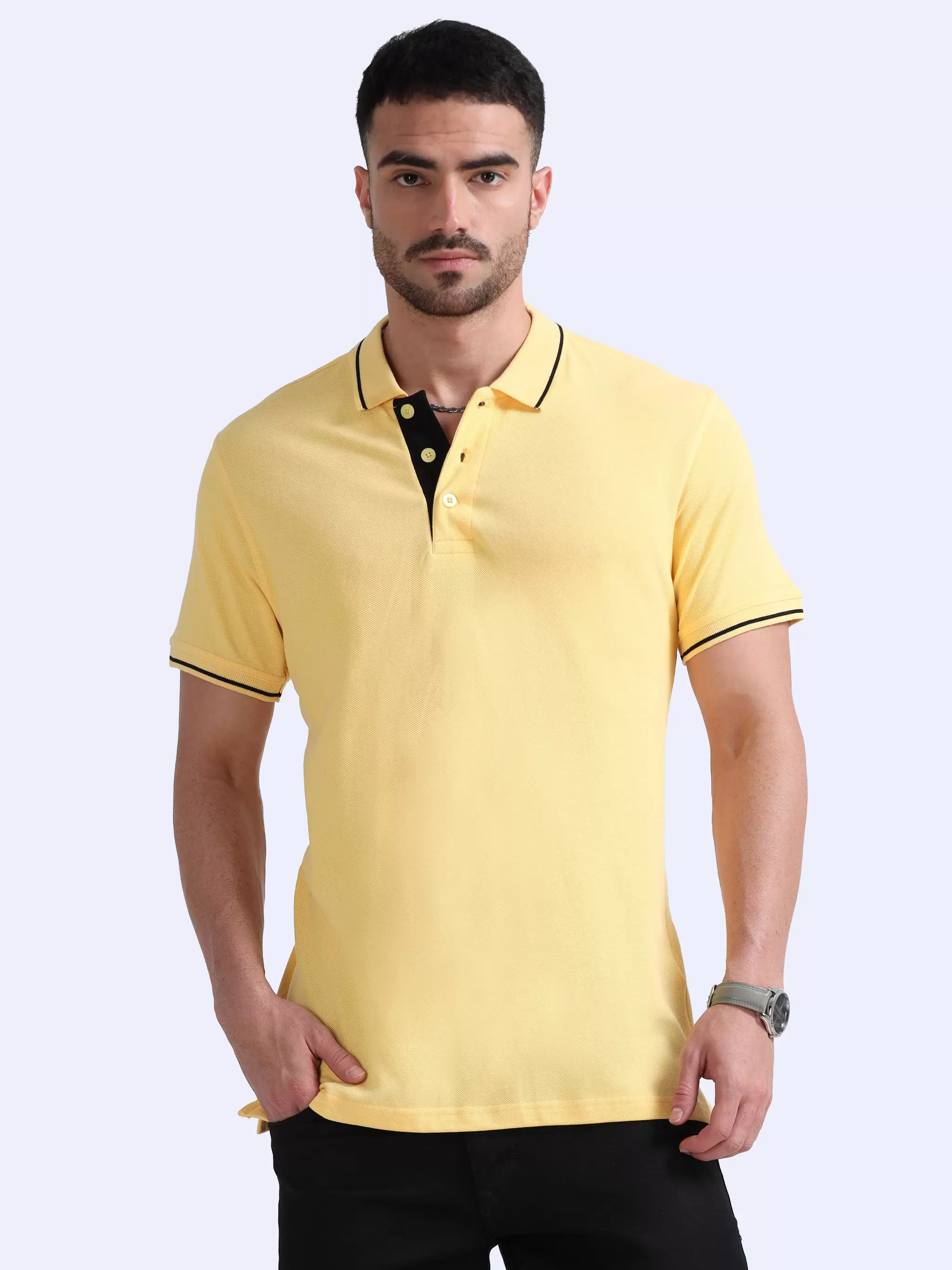 Polo T-Shirt Biowashed Organic 100% Premium Cotton Material for all-Day Comfort, Men Regular Fit - Yellow with Black Tipping TShirt